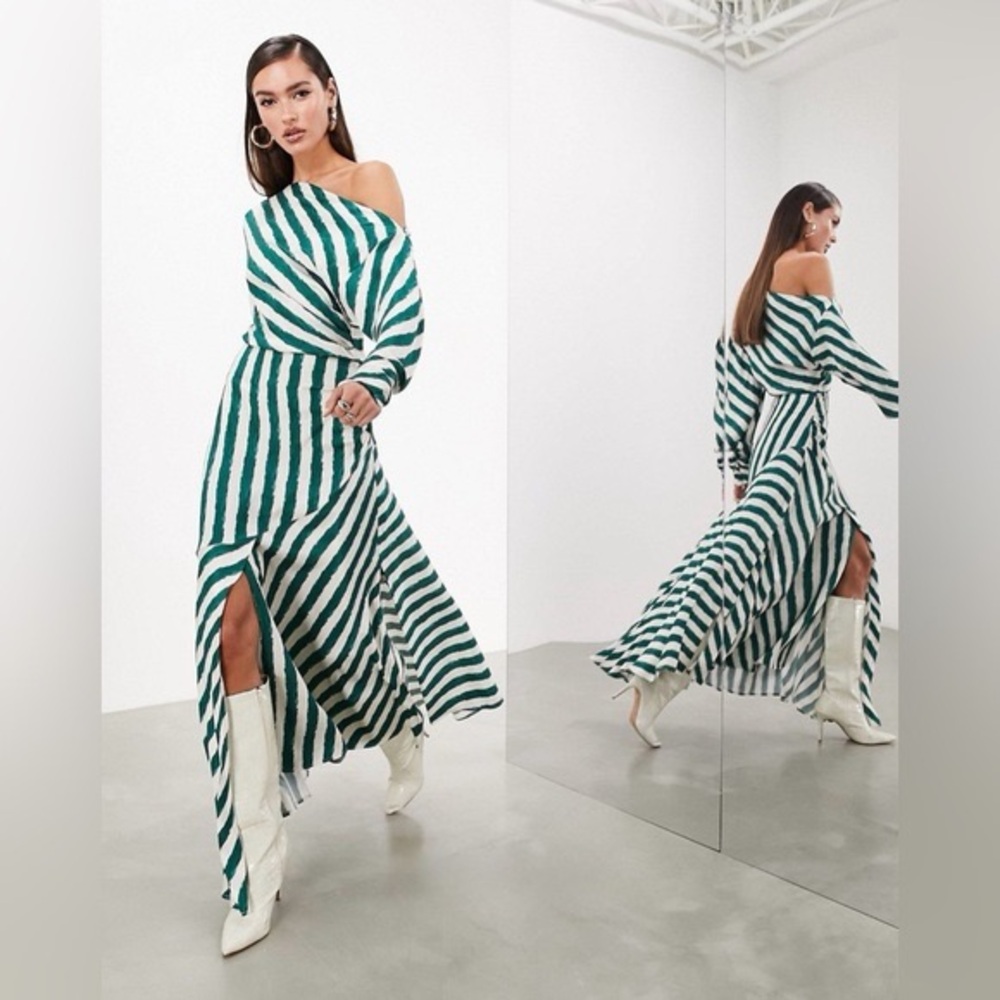 ASOS Edition Striped Off-Shoulder Maxi Dress in Green and